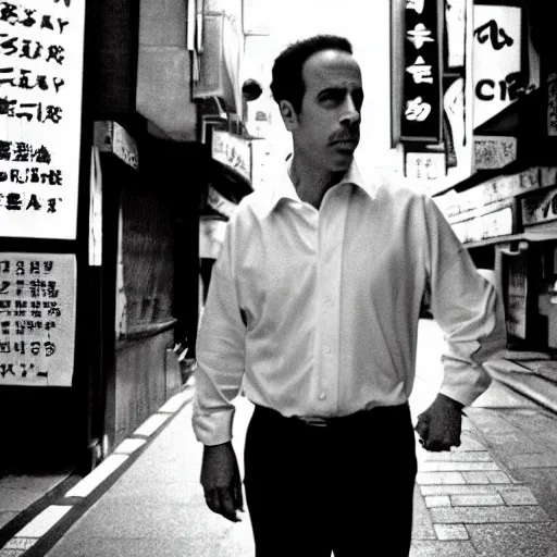 Prompt: Jerry Seinfeld vogues through the streets of Tokyo, are bure boke, 35mm film, b&w, grainy, by Daido Moriyama