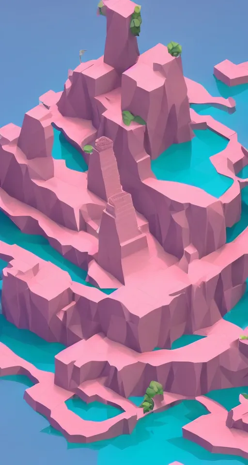 Image similar to matte 3d low poly cherry blossom island, pink waterfalls, isometric perspective on sky background, soft shadows, lat lighting, trending on artstation, 3d render, monument valley, fez video game,