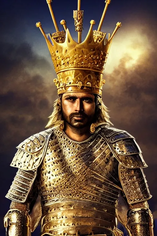 Image similar to photo-realistic Portrait of the King of the Desert, Warrior Man, standing in Sand, detailed scene, Gold Armour and Crown, Sword, handsome attractive face, beautiful face, photo realistic, highly detailed, dramatic lighting, majestic, trending on artstation, elegant, intricate, highly detailed, digital painting, concept art, by artgerm