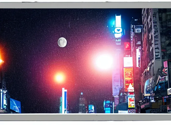 Image similar to film still of the moon shattering into pieces over time square in the new disaster movie, 8 k, night time