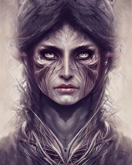 Prompt: half human half owl woman warrior, hyper realistic face, beautiful eyes, fantasy art, in the style of greg rutkowski, intricate, hyper detailed, smooth