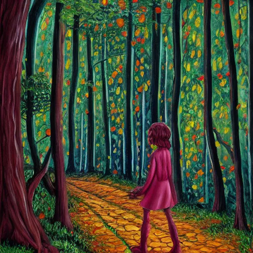 Image similar to a painting of a person walking through a forest, a storybook illustration by jon coffelt, pixiv contest winner, metaphysical painting, storybook illustration, acrylic art, oil on canvas