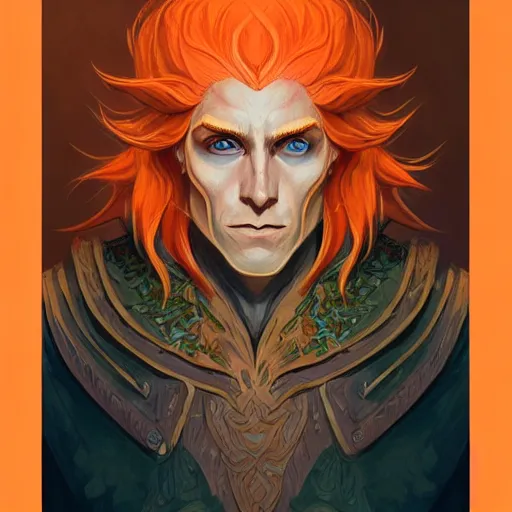 Image similar to portrait painting of an elven eladrin young man with light orange hair and tribal tattoos in his cheekbones wearing fur armor, d & d, rpg, sharp focus, award - winning, trending on artstation, masterpiece, highly detailed, intricate. art by josan gonzales and moebius and deathburger