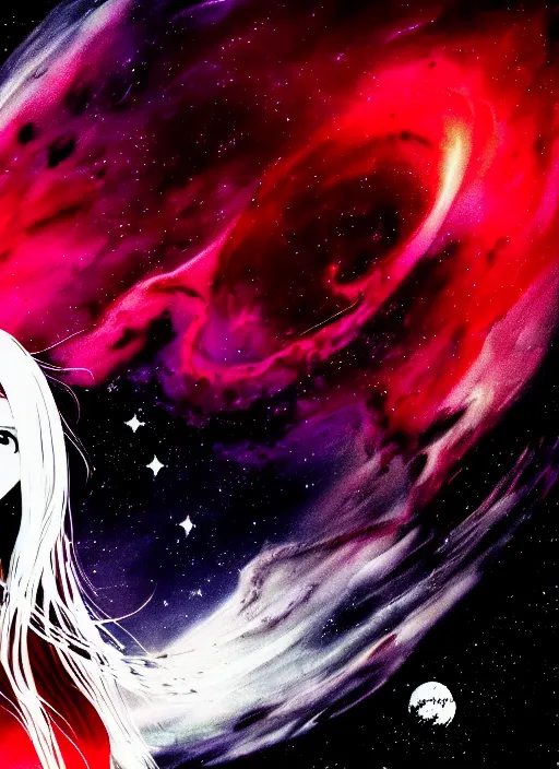 Prompt: highly detailed portrait of a hopeful pretty astronaut lady with a wavy blonde hair, by Frank Miller , 4k resolution, nier:automata inspired, bravely default inspired, vibrant but dreary but upflifting red, black and white color scheme!!! ((Space nebula background))