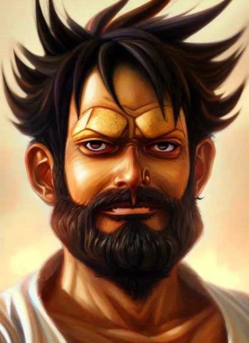 Image similar to luffy as _ fantasy _ style _ portrait _ painting _ of middle eastern male brown wavy hair beard, rpg dnd oil _ painting _ unreal _ 5 _ daz. _ rpg _ portrait _ extremely _ detailed _ artgerm _ greg _ rutkowski _ greg