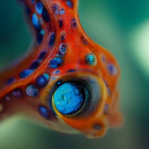 Image similar to fiery whimsical emotional eyes cephalopod, in a photorealistic macro photograph with shallow dof