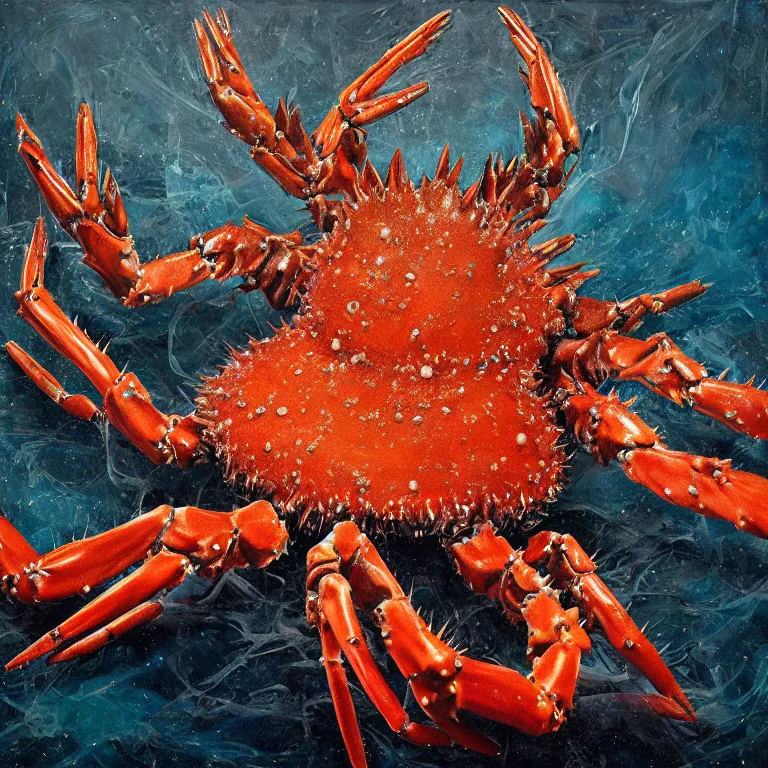 Image similar to Hyperrealistic intensely colored Studio wet collodion Photograph portrait of a deep sea Giant King Crab with large spiked claws deep underwater in darkness long exposure, award-winning nature deep sea expressionistic impasto heavy brushstrokes oil painting by Fabian Marcaccio and Matthew Barney and Audubon vivid colors hyperrealism 8k