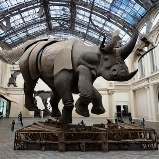 Prompt: mechanical rhinoceros destroys exhibition hall at royal museum, hyper realistic