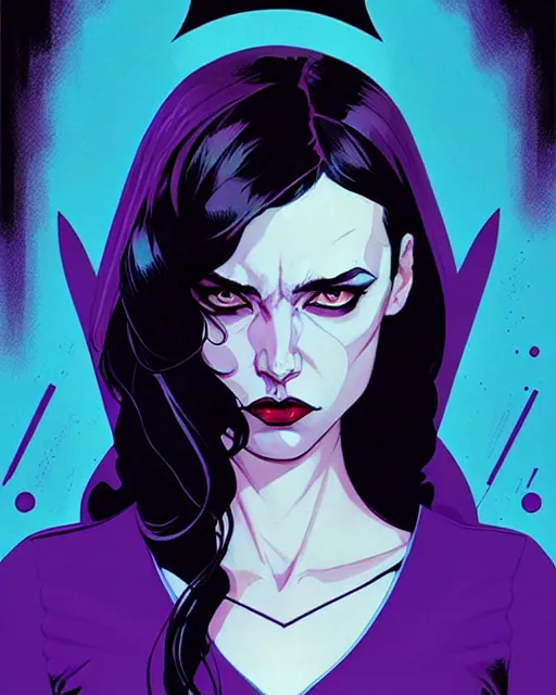 Prompt: Rafael Albuquerque comic cover art, artgerm, Joshua Middleton, pretty Stella Maeve witch, serious look, purple dress, symmetrical eyes, symmetrical face long black hair, full body, dark forest, cool colors