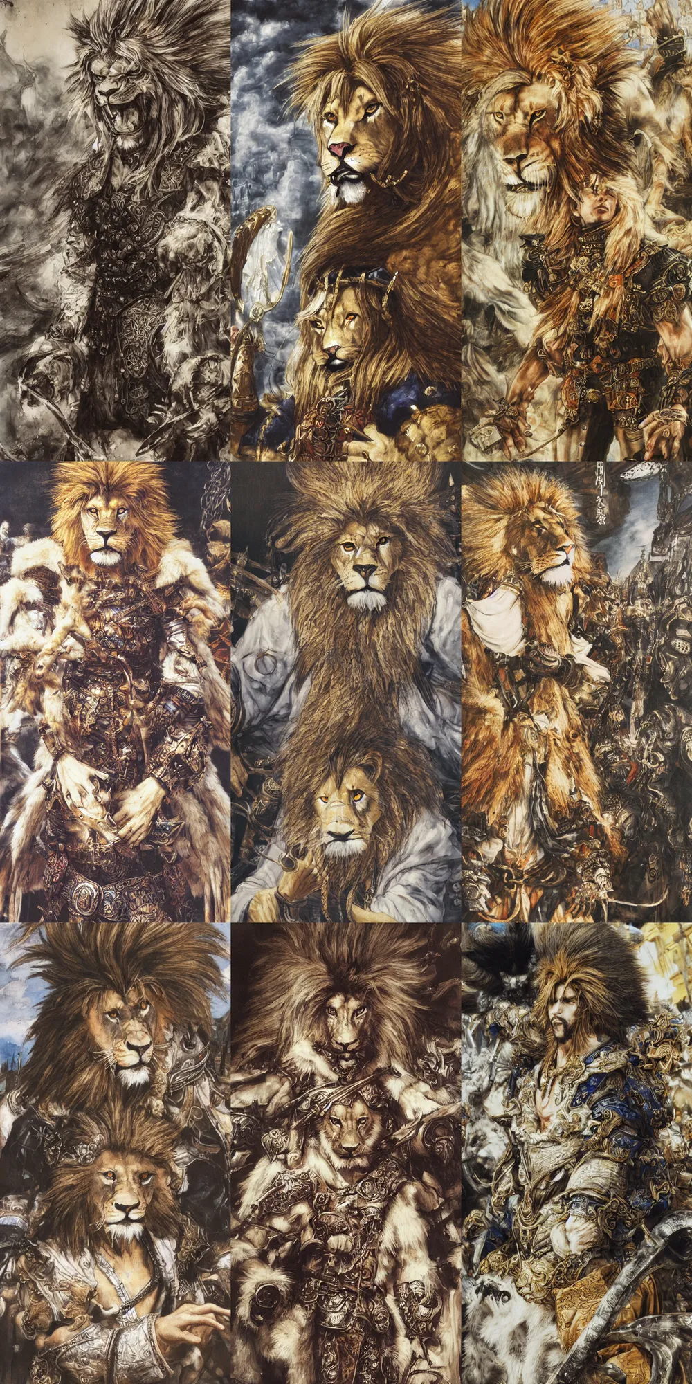 Image similar to 8 k yoshitaka amano painting of upper body of a young cool looking lion beastman with white mane at a medieval market at windy day. depth of field. he is wearing complex fantasy clothing. he has huge paws. renaissance style lighting.