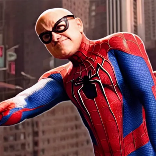 Image similar to a screenshot of Danny Devito playing an unmasked Peter Parker Spiderman in Spiderman: No Way Home