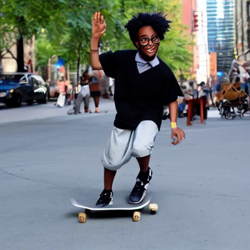 Image similar to high quality photo of a black harry potter on a skateboard in new york city