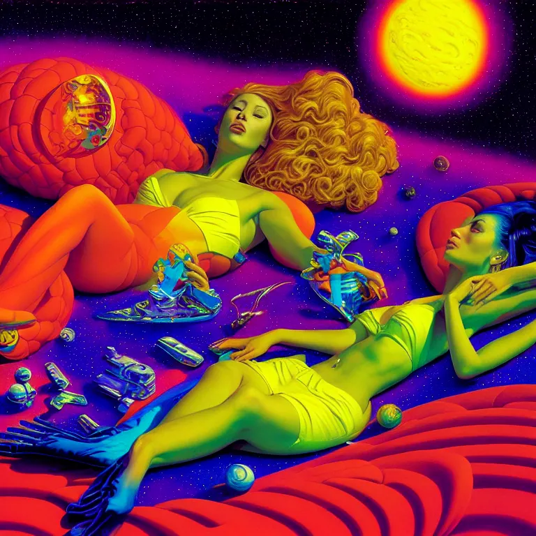 Image similar to cosmic girl, 2 0 yo, reclining close - up, bright neon colors, highly detailed, cinematic, tim white, michael whelan, roger dean, bob eggleton, philippe druillet, vladimir kush, kubrick, alfred kelsner