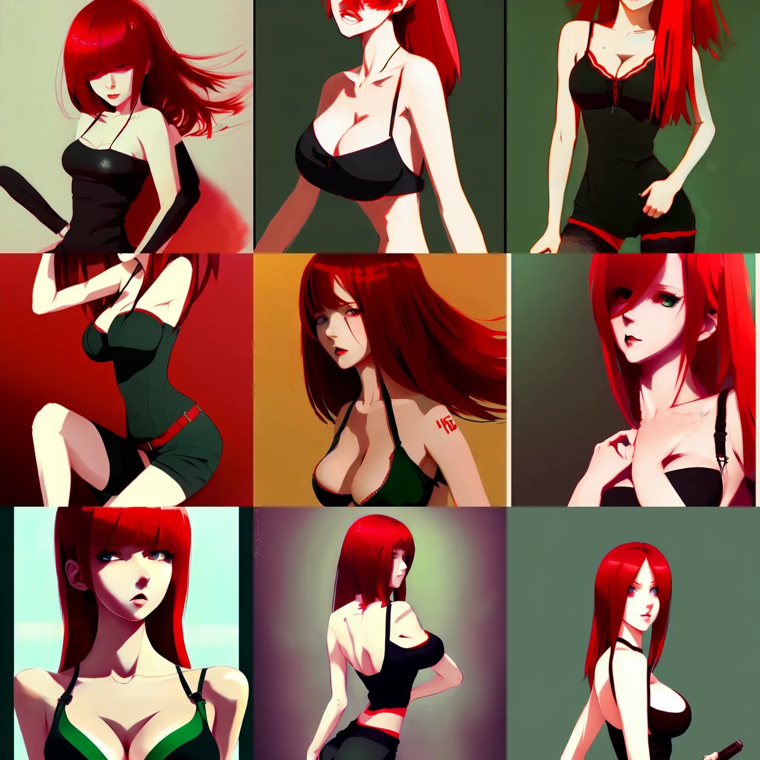 Prompt: sexy girl with red hair and green eyes, wearing a camisole, red and black color palette, in the style of and ilya kuvshinov and greg rutkowski, high quality anime artstyle, intricate