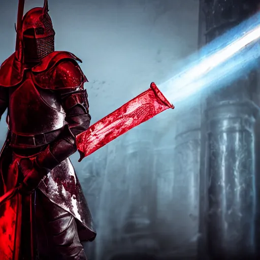 Prompt: scary knight, red light sword, covered in blood, in hell, kneeling, photo realistic, 8k, highly detailed, cinematic atmosphere