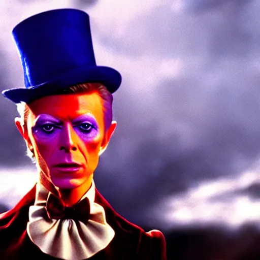 Image similar to stunning awe inspiring David Bowie as Willy Wonka 8k hdr movie still amazing lighting