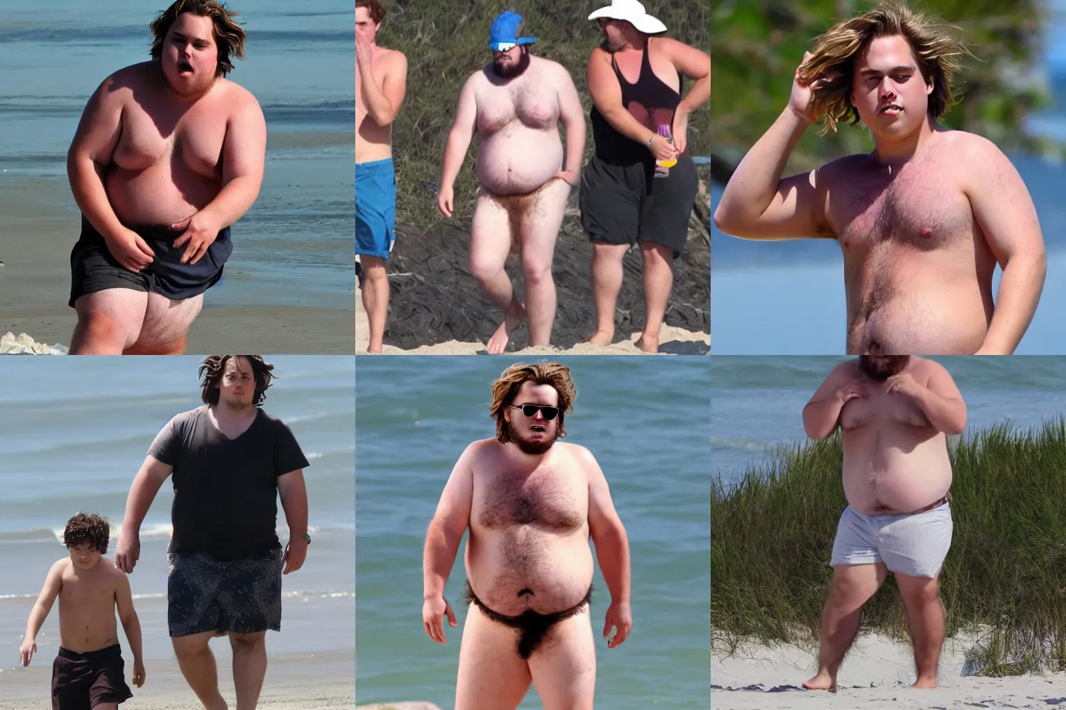 Prompt: fat and hairy cole sprouse at the beach