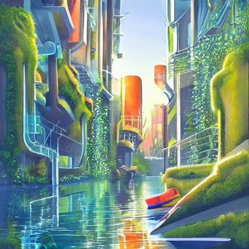 Prompt: Narrow cosy waterway in futuristic sci-fi city in harmony with nature, kayak. Nice colour scheme, soft warm colour. Beautiful detailed painting by Lurid. (2022)