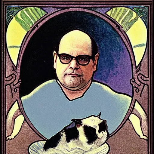 Prompt: “ portrait of george costanza from seinfeld holding grumpy cat, art nouveau, by alphonse mucha ”