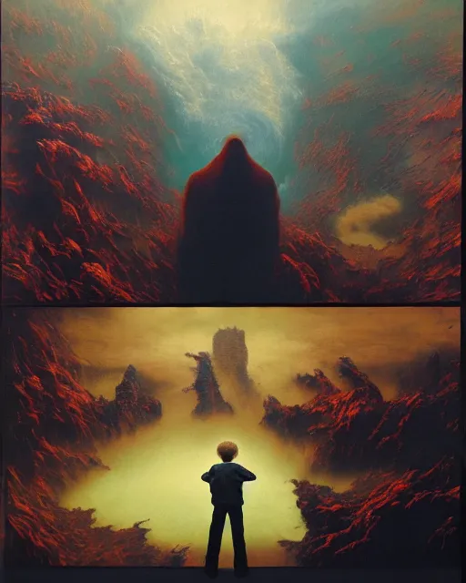 Prompt: 8k professional photo of an 8 years old boy standing in front of a computer from 90s with a game doom2 at the monitor screen, Beksinski impasto painting, part by Adrian Ghenie and Gerhard Richter. art by Takato Yamamoto, masterpiece