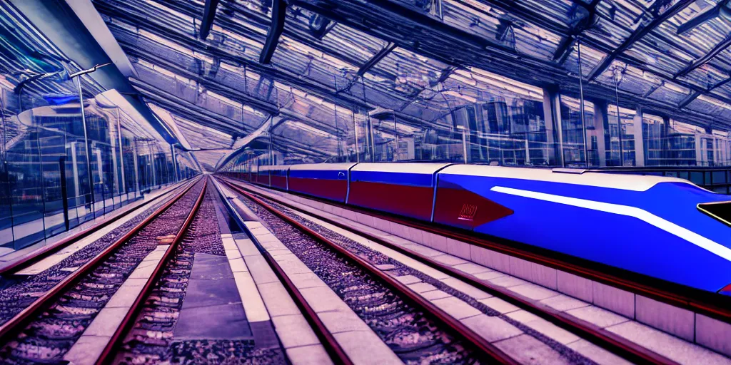 Image similar to cyberpunk maglev train riding though futuristic station, futuristic cityscape in background, gorgeous lighting and metallic reflection, eurostar, maroon and blue accents, 8k, high detail