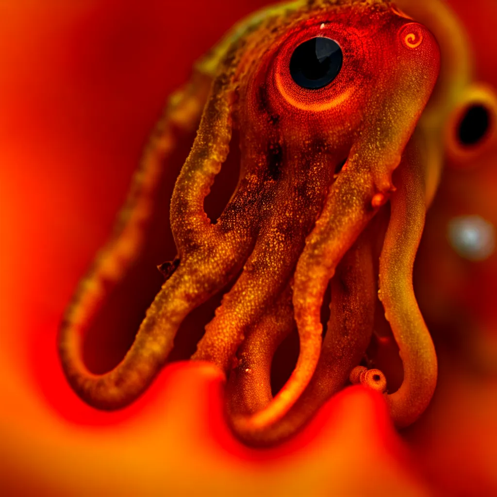 Image similar to fiery whimsical emotional eyes cephalopod, in a photorealistic macro photograph with shallow dof