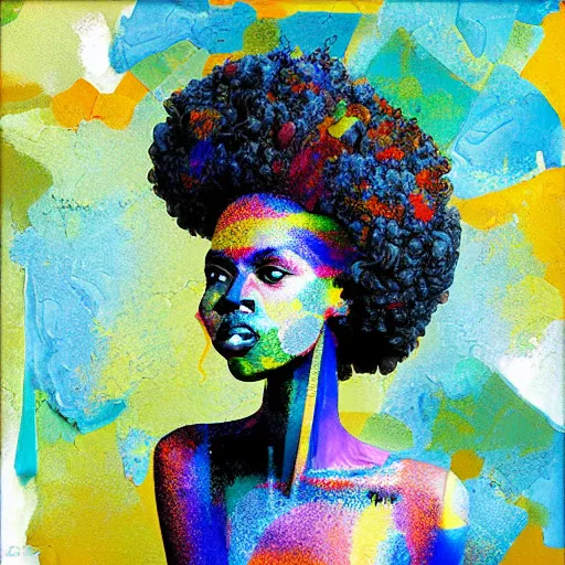 Image similar to the abstract painting of an afro lady artistic flat illustration by larry klewchuk, surrealism