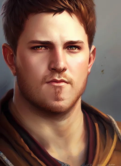 Image similar to a _ fantasy _ style _ portrait _ painting _ of slightly chubby white male very short hair short stubble, brown hair, rpg dnd oil _ painting _ unreal _ 5 _ daz. _ rpg _ portrait _ extremely _ detailed _ artgerm _ greg _ rutkowski _ greg