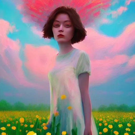 Image similar to girl walking in flower field, daisy flower as a face, full body, surreal photography, sunrise, impressionist painting, colorful clouds, digital painting, artstation, simon stalenhag, flower face