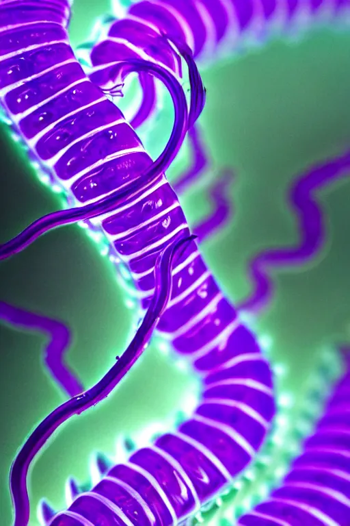 Image similar to high quality close-up photo translucent gelatinous centipede! gorgeous highly detailed hannah yata elson peter cinematic purple lighting high quality low angle hd 8k sharp shallow depth of field