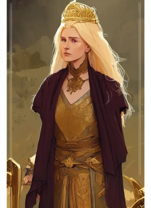 Prompt: concept art of a beautiful gold haired female healer. game of thrones character design by laurie greasley and sherree valentine daines concept art, matte, sharp focus, illustration, hearthstone, art by artgerm and greg rutkowski and alphonse mucha