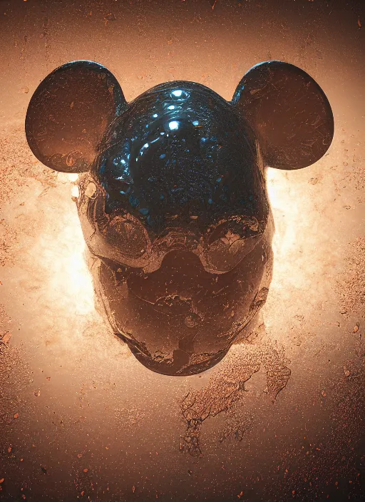 Image similar to mickey mouse head, fractal, broken, wet, mycelium, radiant alien, rococo, baroque, automotive, bio-mechanical, porcelain, iridescent sub surface scattering, octane render