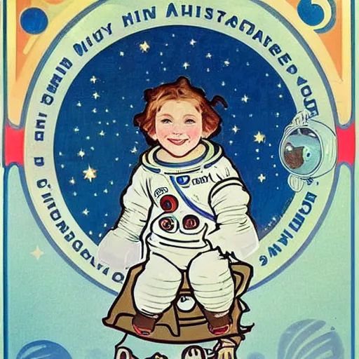 Prompt: a cute little girl with a round cherubic face, blue eyes, and short wavy light brown hair smiles as she floats in space with stars all around her. she is an astronaut, wearing a space suit. beautiful cartoon painting with highly detailed face by alphonse mucha and quentin blake