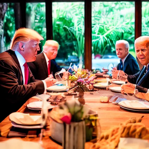 Image similar to Trump and Biden having dinner at a fancy Balinese restaurant, award winning photography, sigma 85mm Lens F/1.4, blurred background, perfect faces