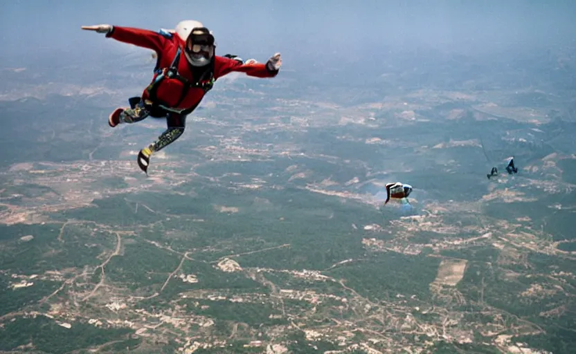 Image similar to color photo of skydiver jumping in a suite. plane in the background 8 0'style