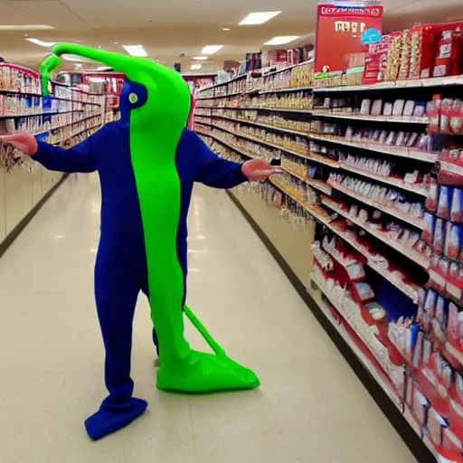 Image similar to photo, a man wearing a giant slimy slug costume crawling through a cvs pharmacy