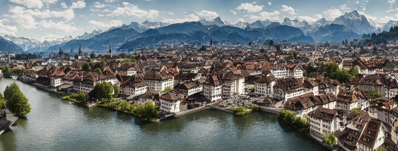 Prompt: Photo of Zurich, looking down the Limmat at the lake and the alps, Hardturm, Grossmünster, wide angle, volumetric light, hyperdetailed, mountain water, artstation, cgsociety, 8k