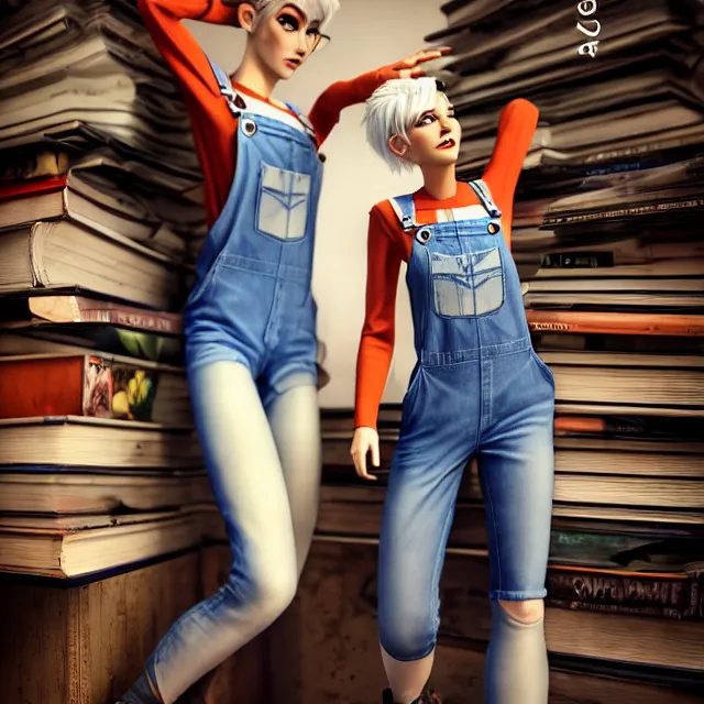 Image similar to full body pose, beautiful adult fairy, pixar, short white hair shaved sides, dirty, grungy, grunge, long sleeve, painted overalls, stacks of giant books, highly detailed, 4 k, hdr, smooth, sharp focus, high resolution, award - winning photo, artgerm, photorealistic