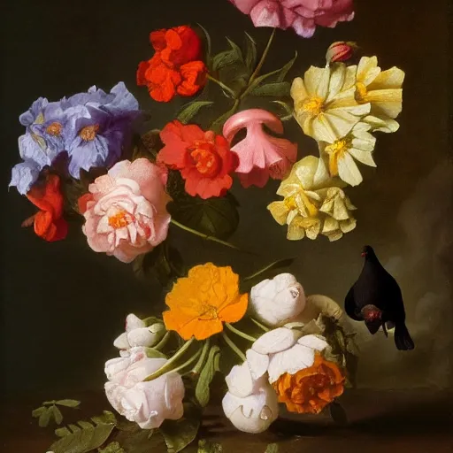 Image similar to a nosegay of roses, marigolds, larkspur and a pigeon by rachel ruysch, 1 6 9 5