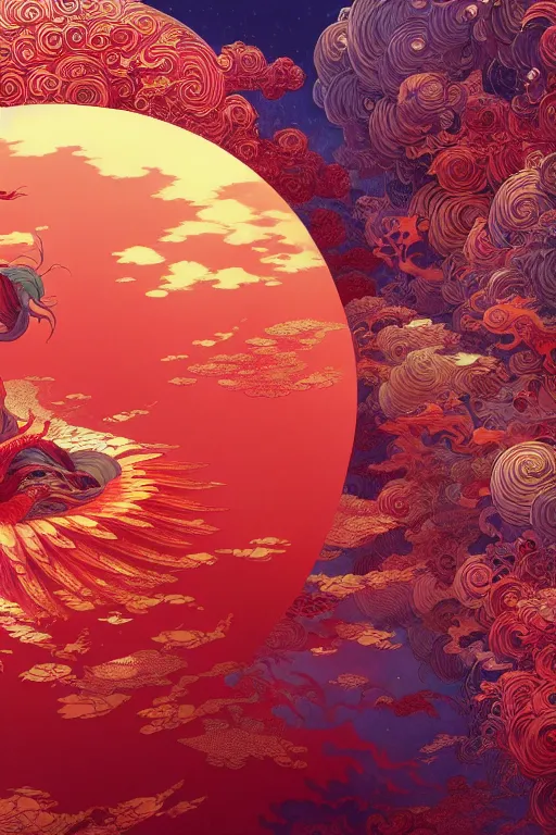 Image similar to a beautiful hyperdetailed design 4 k wallpaper illustration of a huge reddish phoenix, victo ngai style, from china, style of studio ghibli, makoto shinkai, raphael lacoste, louis comfort tiffany, denoise, deblurring, artgerm, xision, james jean, ross tran, chinese style