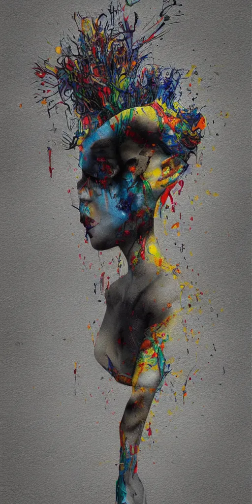 Image similar to Esao Andrews, minimalistic graffiti masterpiece, minimalism, 3d abstract render overlayed, black background, psychedelic therapy, trending on ArtStation, ink splatters, pen lines, incredible detail, creative, positive energy, happy, unique, negative space, face, Gertrude Abercrombie