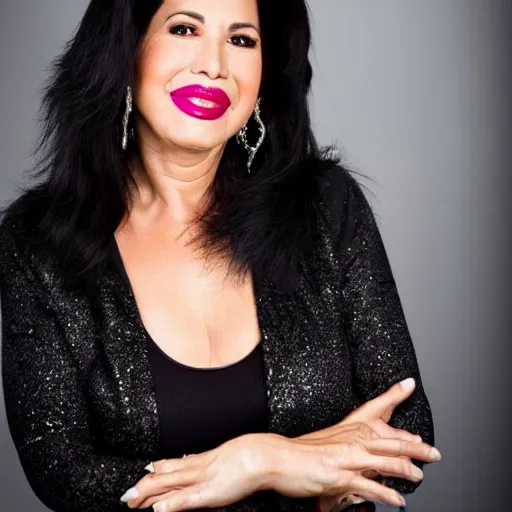 Image similar to dslr fashion!! photo portrait still of 5 1 year old age 5 1 selena quintanilla at age 5 1!!!, 8 5 mm f 1. 8, studio lighting, vogue