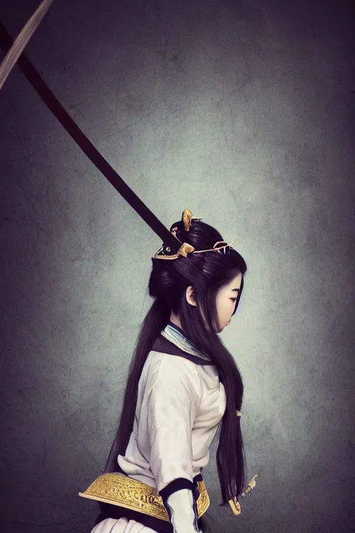 Image similar to highly detailed beautiful photo of a young female samurai, practising sword stances, symmetrical face, beautiful eyes, realistic anime art style, 8 k, award winning photo, pastels, action photography, 1 / 1 2 5 shutter speed, dramatic lighting