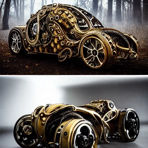 Image similar to biomechanical shiny steampunk vehicle reminiscent of bugatti chiron with (glowing) lights and octopus tentacles parked in ancient mystic woods, gothic and baroque, brutalist architecture, ultradetailed, creepy ambiance, fog, artgerm, giger, Intricate by Ellen Jewett and Josan Gonzalez and Giuseppe Arcimboldo