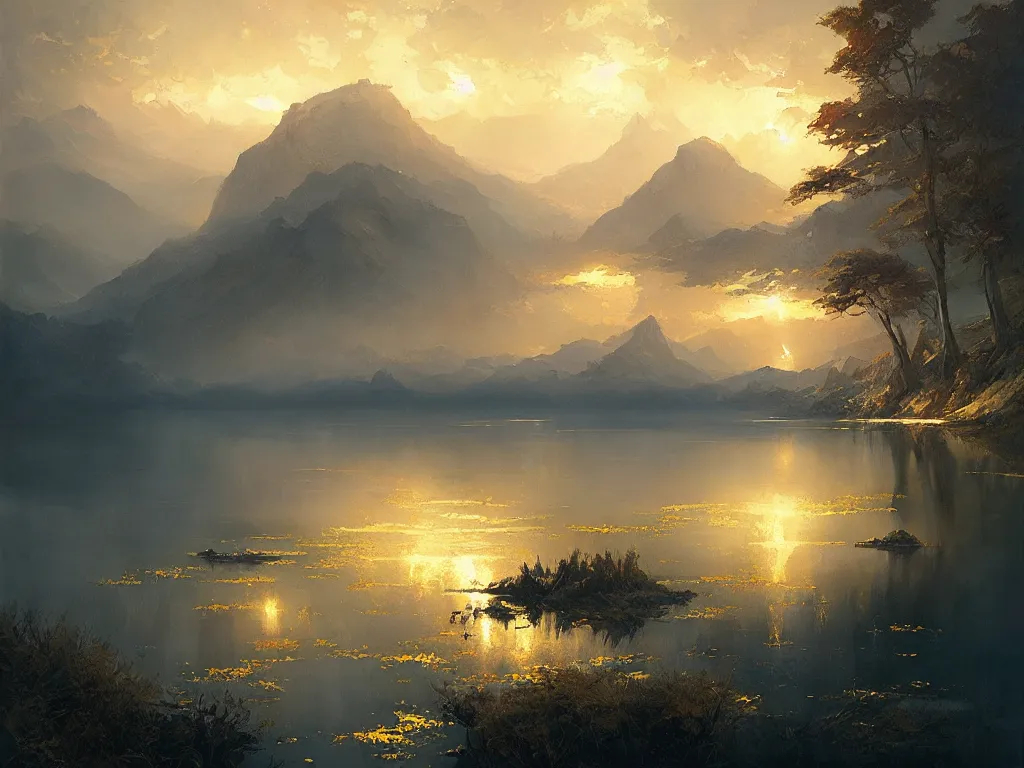 Image similar to A lake of pure gold, by Greg Rutkowski