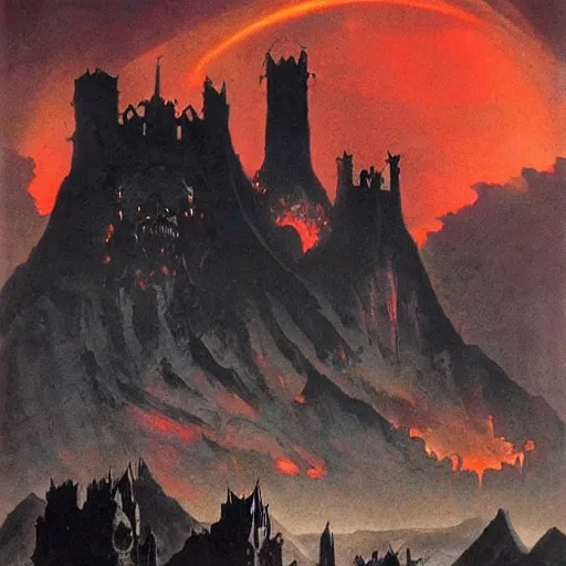 Image similar to an evil fortress, artwork by frank frazetta, red skies with evil glowing eyes