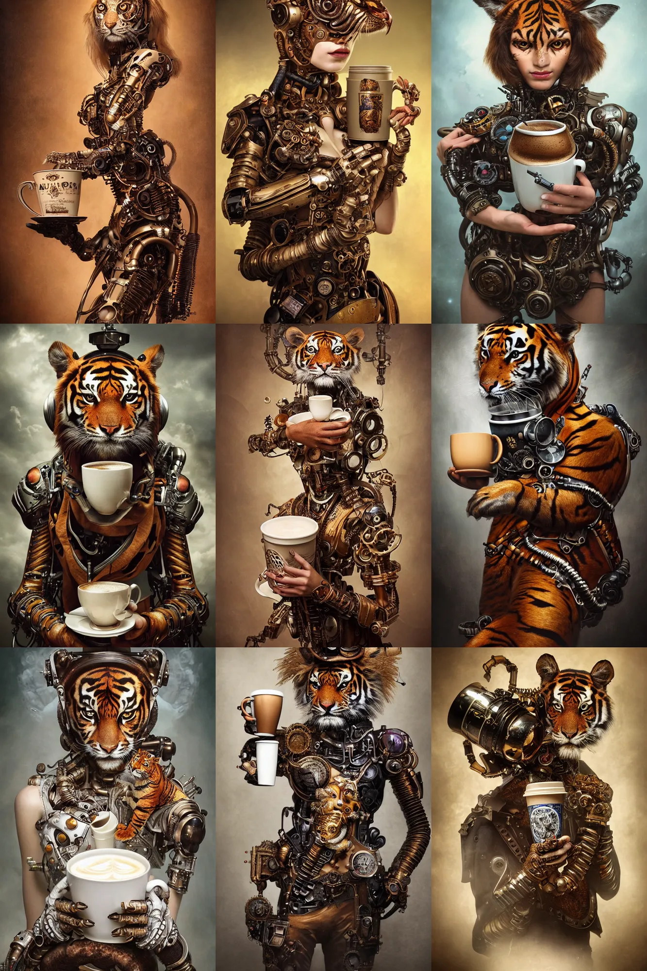 Prompt: a stunning intricate fine art portrait photo of a steampunk cyborg tiger holding a cup of coffee, by tom bagshaw and sudhir shivaram, perfection!, perfect face and eyes, milk bath photography, studio lighting, 8 5 mm lens, very detailed, bionic, cybernetic scifi, deep depth of field, artstation, 8 k, highly coherent