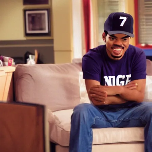 Image similar to a tv still of Chance The Rapper starring as a college student in a 1998 black sitcom, 40mm lens