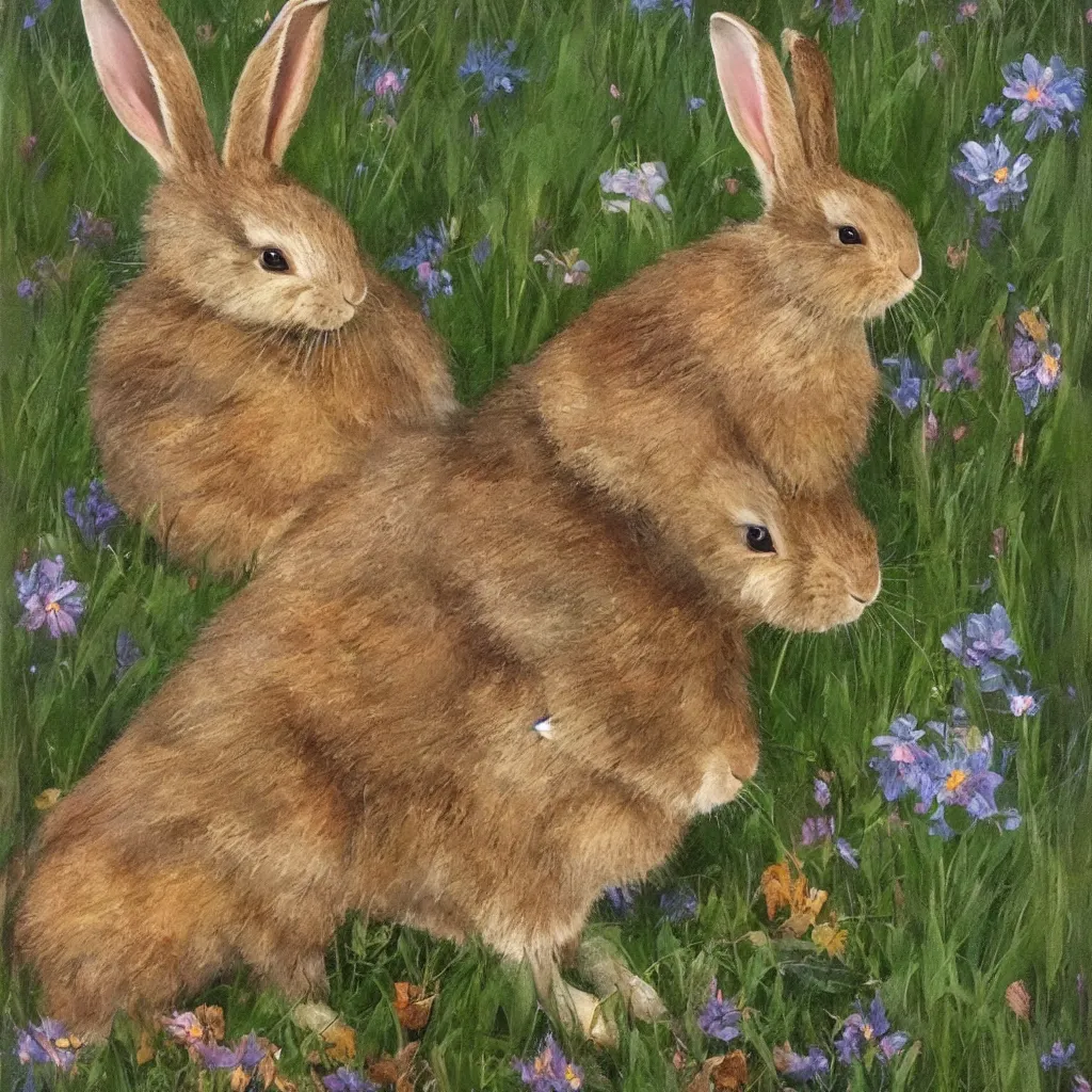 Image similar to The rabbit made out of metals in the picture looks cute and playful. It has big, fluffy ears and a long, furry tail. Its fur is a light brown color, and its eyes are a bright blue. The background of the picture is a gentle green, and there are flowers blooming around the rabbit. painted by Balaskas Christopher.