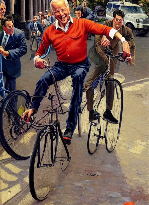 Image similar to joe biden falling off his bicycle, pulp art oil painting by mort kunstler and wilson mclean, intricate, hyper detailed, 4 k, hd, award winning, photorealistic